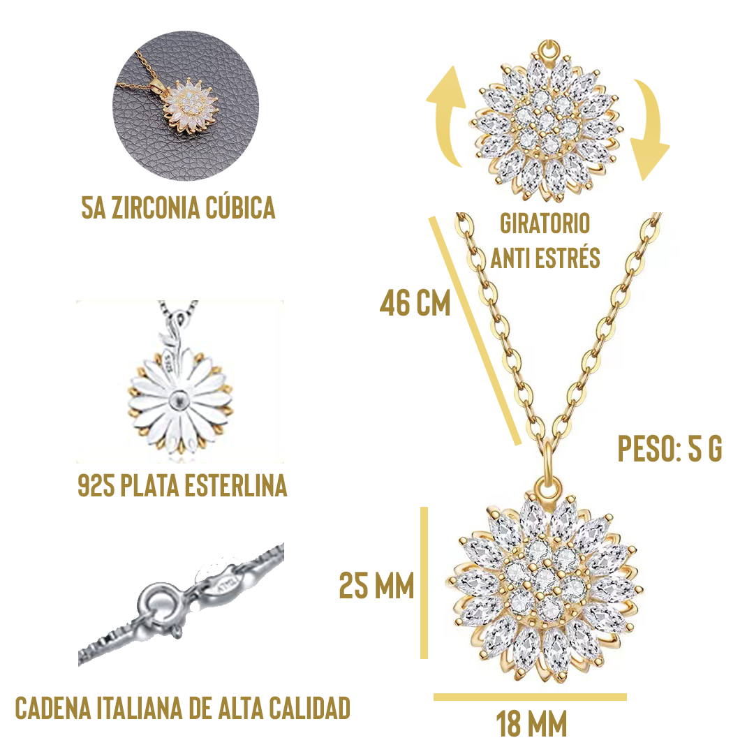 Collar Girasol Giratorio Plata 925: Brillo Radiante, Lujo y Felicidad